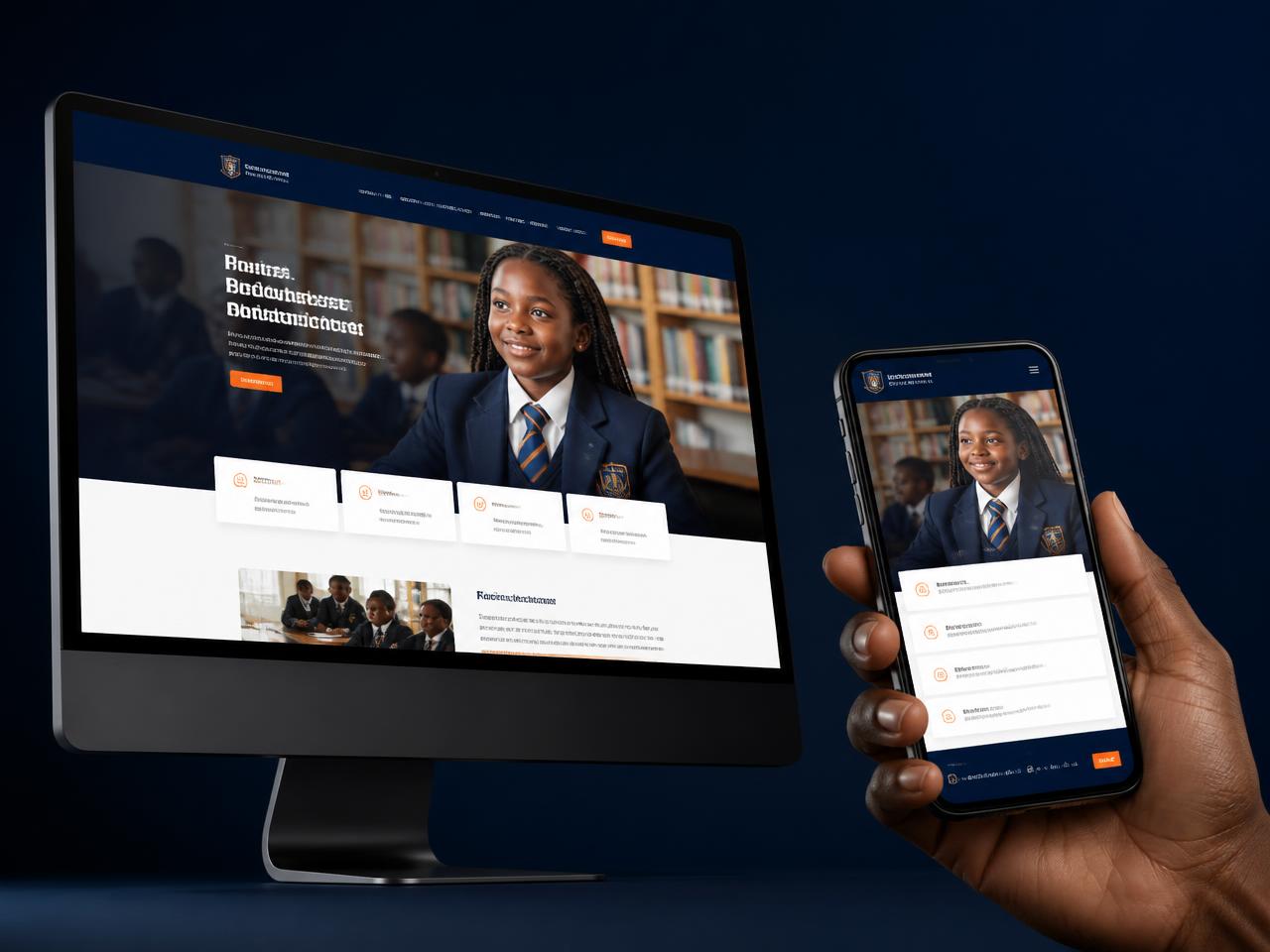 A professional school website shown on a desktop monitor and a smartphone